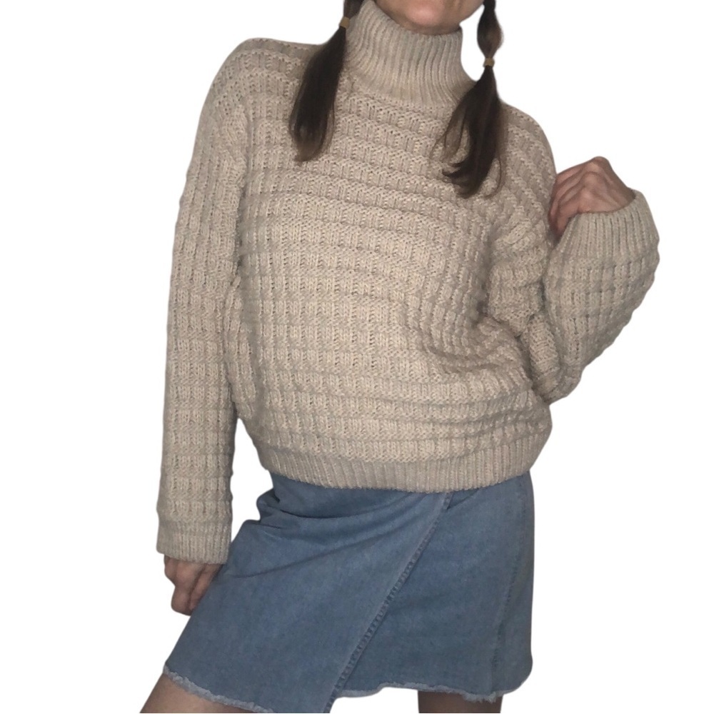 H&M Fisherman Sweater Oversized XS Cableknit Neutral Beige High Neck Preppy